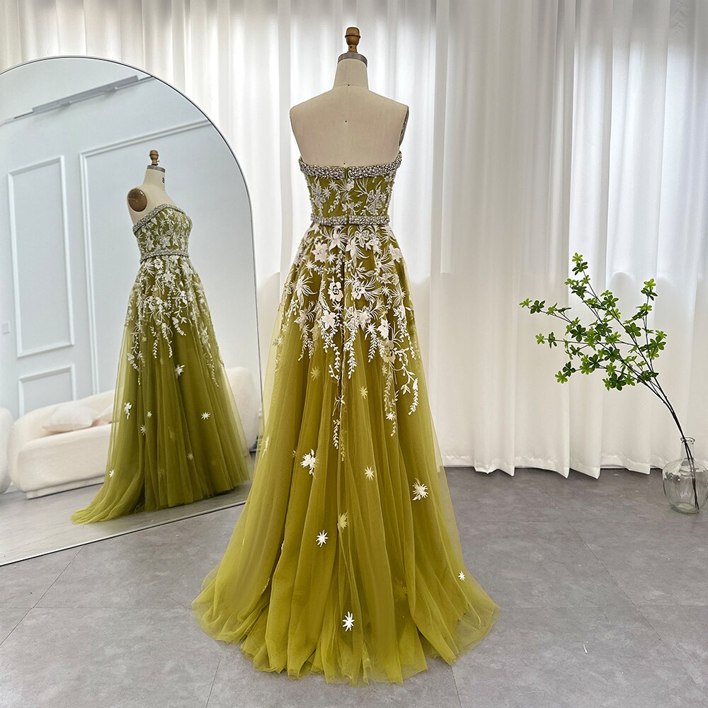 Dreamy Vow Olive Green Luxury Dubai Evening Dresses for Women Wedding Party Elegant Arabic Strapless Formal Prom Gowns 380