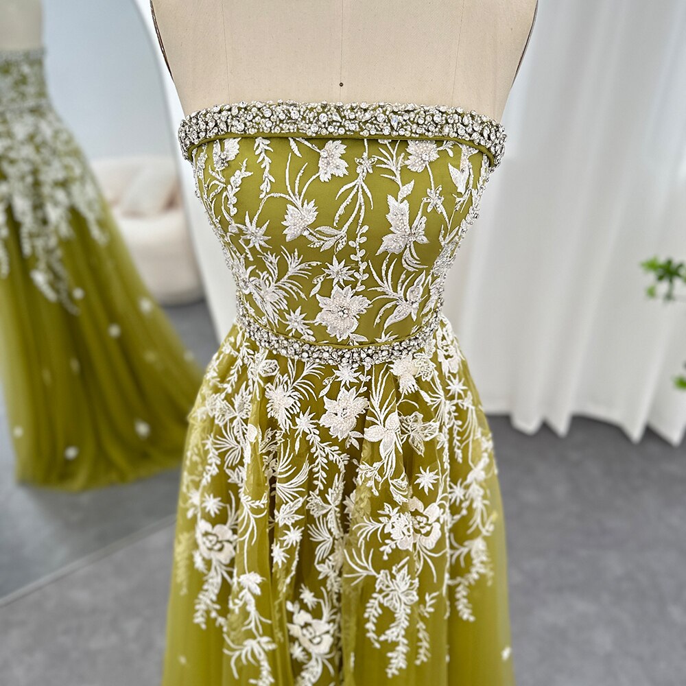 Dreamy Vow Olive Green Luxury Dubai Evening Dresses for Women Wedding Party Elegant Arabic Strapless Formal Prom Gowns 380