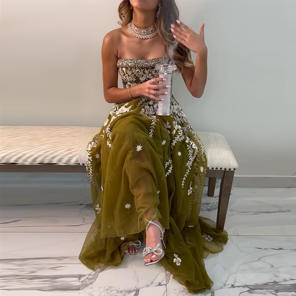 Dreamy Vow Olive Green Luxury Dubai Evening Dresses for Women Wedding Party Elegant Arabic Strapless Formal Prom Gowns 380