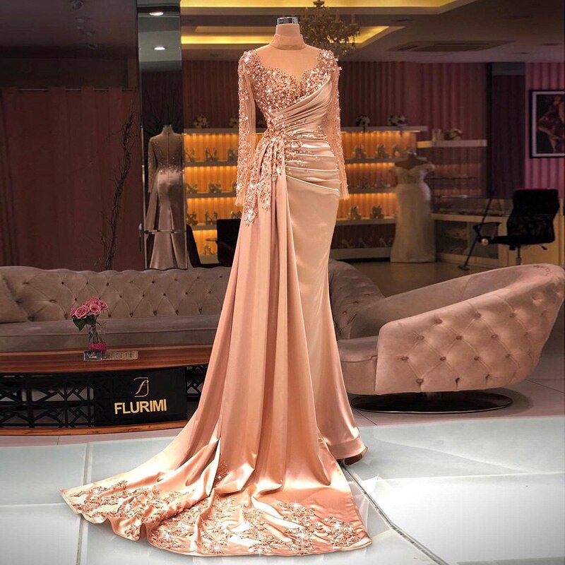 Dreamy Vow Rose Gold Mermaid Arabic Evening Dresses Long Sleeve Luxury Dubai Muslim Formal Dress for Women Wedding Party 472