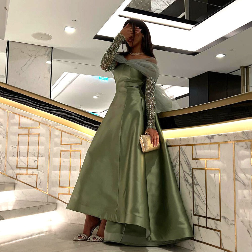 Dreamy Vow Sage Green Crystal Luxury Dubai Evening Dresses for Women Wedding Party Gold Black Long Sleeve Gala Prom Dress 362