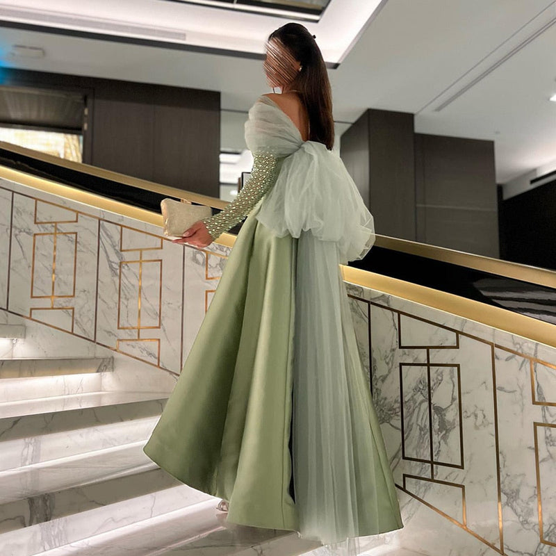 Dreamy Vow Sage Green Crystal Luxury Dubai Evening Dresses for Women Wedding Party Gold Black Long Sleeve Gala Prom Dress 362