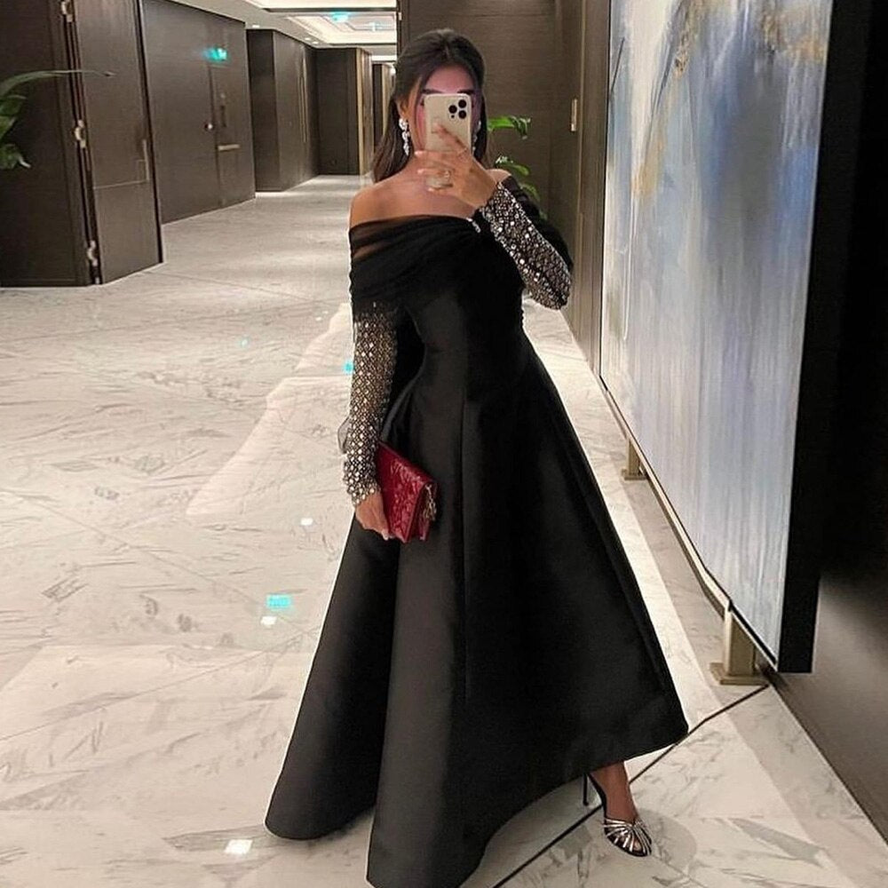 Sharon Said Sage Green Crystal Luxury Dubai Evening Dresses for Women Wedding Party Gold Black Long Sleeve Gala Prom Dress SS362