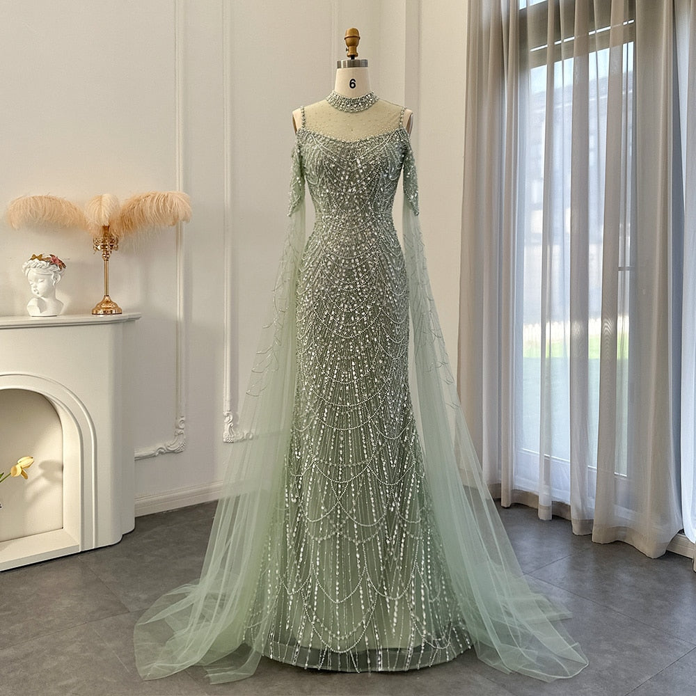 Dreamy Vow Sage Green Mermaid Luxury Dubai Evening Dress with Cape Sleeves Elegant Women Purple Wedding Formal Party Gown 205