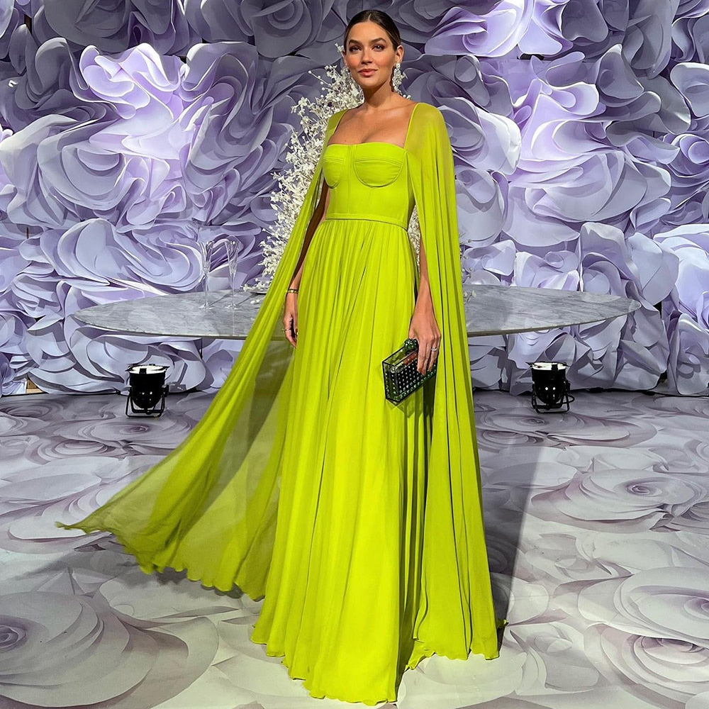 Dreamy Vow Saudi Arabic Lemon Yellow Dubai Evening Dresses with Cape Sleeves Elegant Women Wedding Party Formal Gowns 076