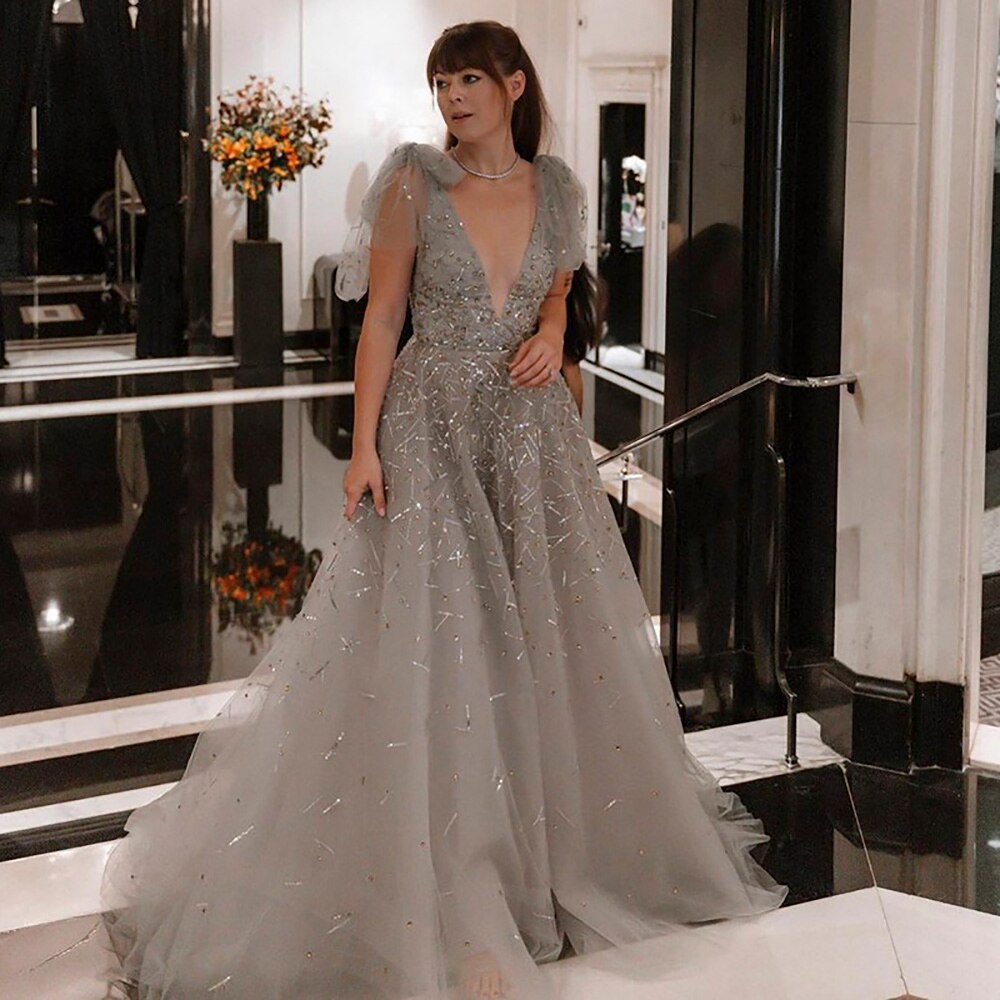 Dreamy Vow Sexy V-Neck Luxury Dubai Silver Gray Evening Dress for Women Wedding Party Elegant Long Formal Prom Dresses 097