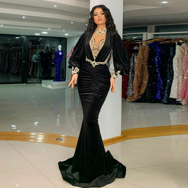 Sharon Said Luxury Dubai Black Velvet Long Mermaid Evening Dress Elegant Women Arabic Burgundy Wedding Formal Party Gowns SS324