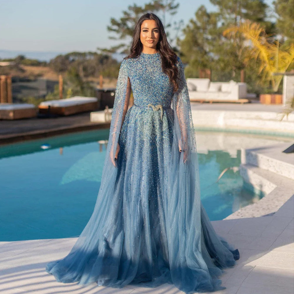 Sharon Said Luxury Dubai Blue Arabic Evening Dress with Cape Sleeves Elegant High Neck Muslim Women Wedding Party Gowns SS451