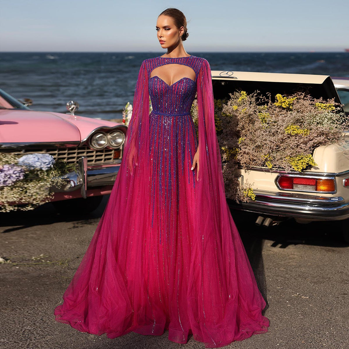 Sharon Said Luxury Dubai Fuchsia Evening Dress with Cape Sleeves 2024 Emerald Green Arabic Women Wedding Party Dresses SS386