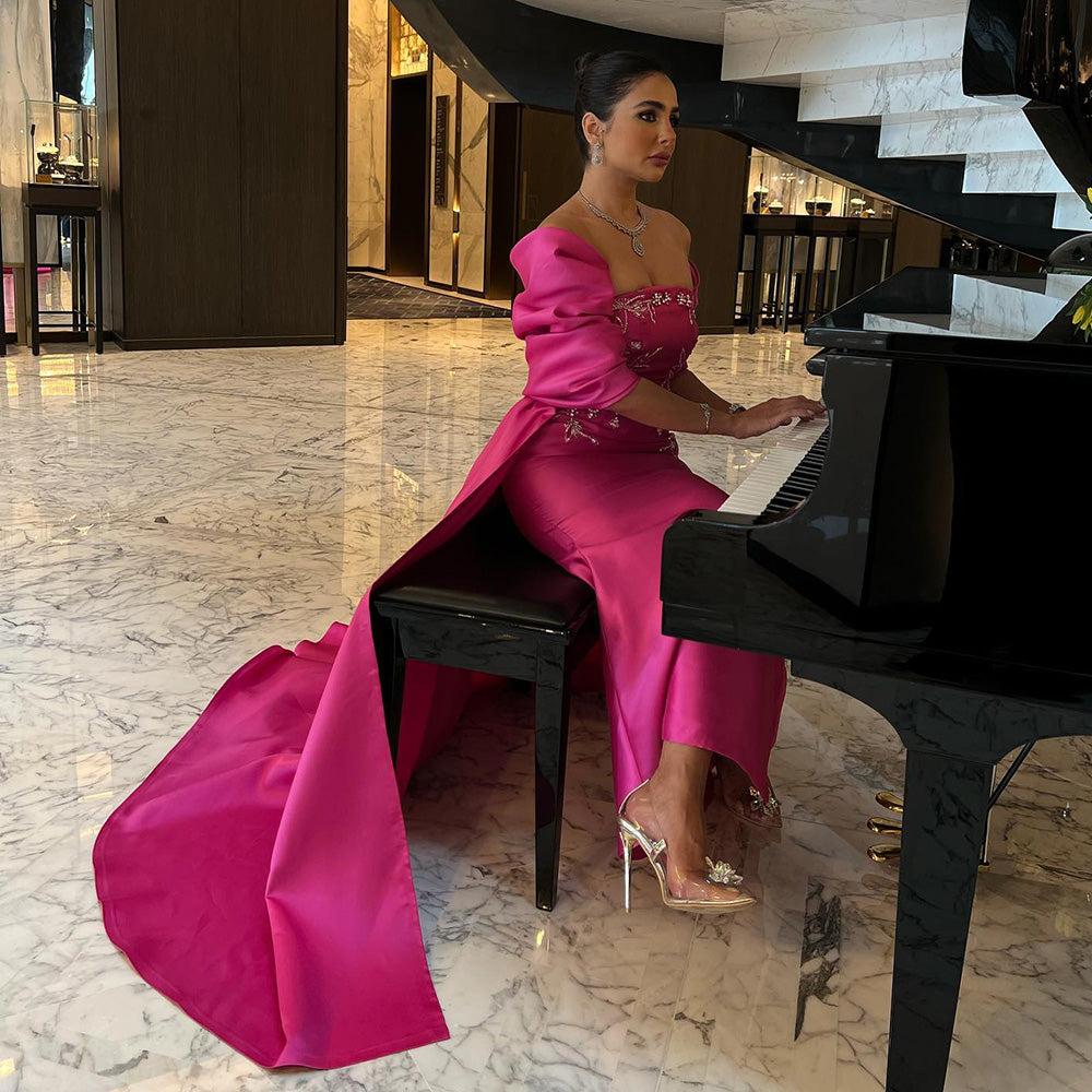 Dreamy Vow Fuchsia Mermaid Dubai Luxury Evening Dresses with Cape Shawl 2023 Arabic Women Long Wedding Party Guest Gowns 296