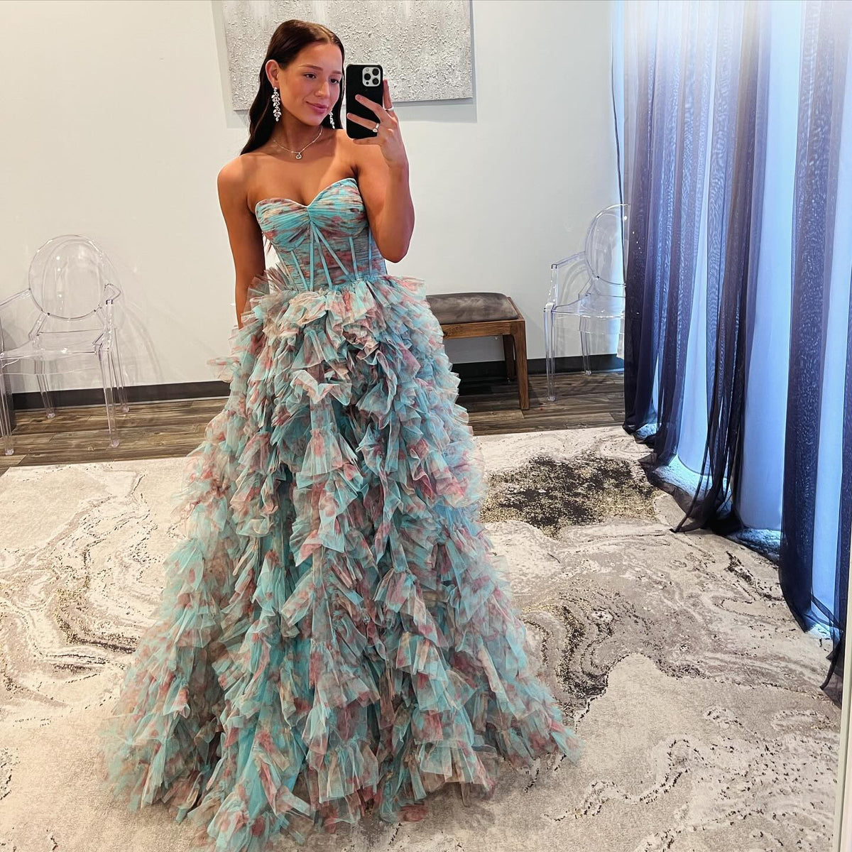 Chic Blue and Pink Ruffles Strapless Evening Dress SF153