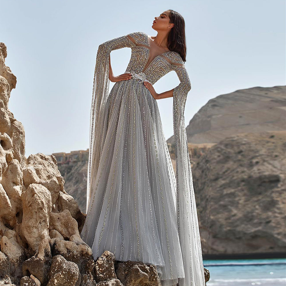 DreamyVow Luxury Dubai Silver Grey Evening Dresses with Cape Sleeves Arabic Champagne Muslim Wedding Formal Party Gowns 068