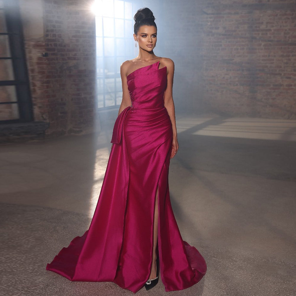 Dreamy Vow Elegant Mermaid Long Fuchsia Evening Dresses 2023 Arabic Overskirt Side Slit Women Wedding Formal Party Gowns 402