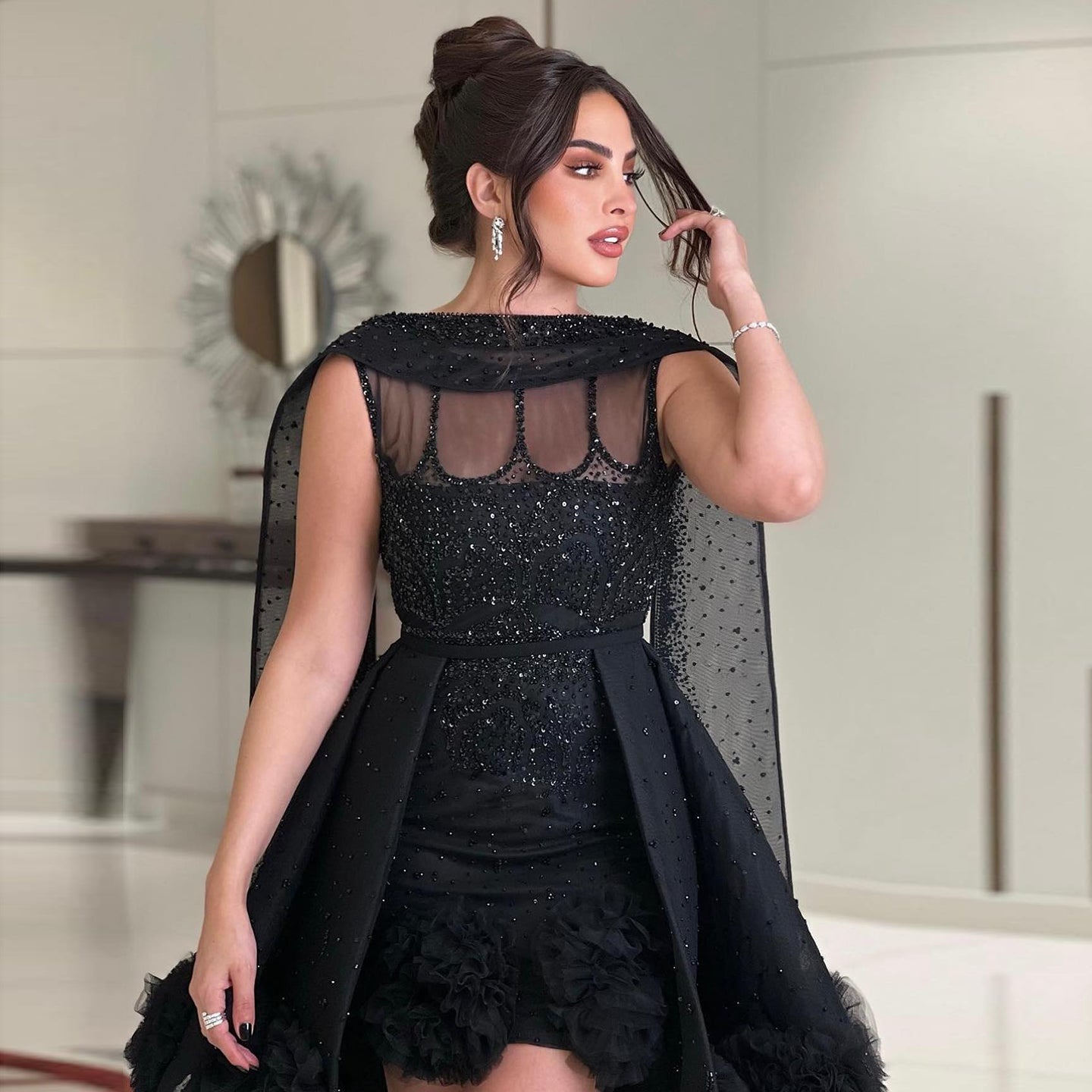 Sharon Said Luxury Crystal Arabic Black Short Evening Dress with Cape