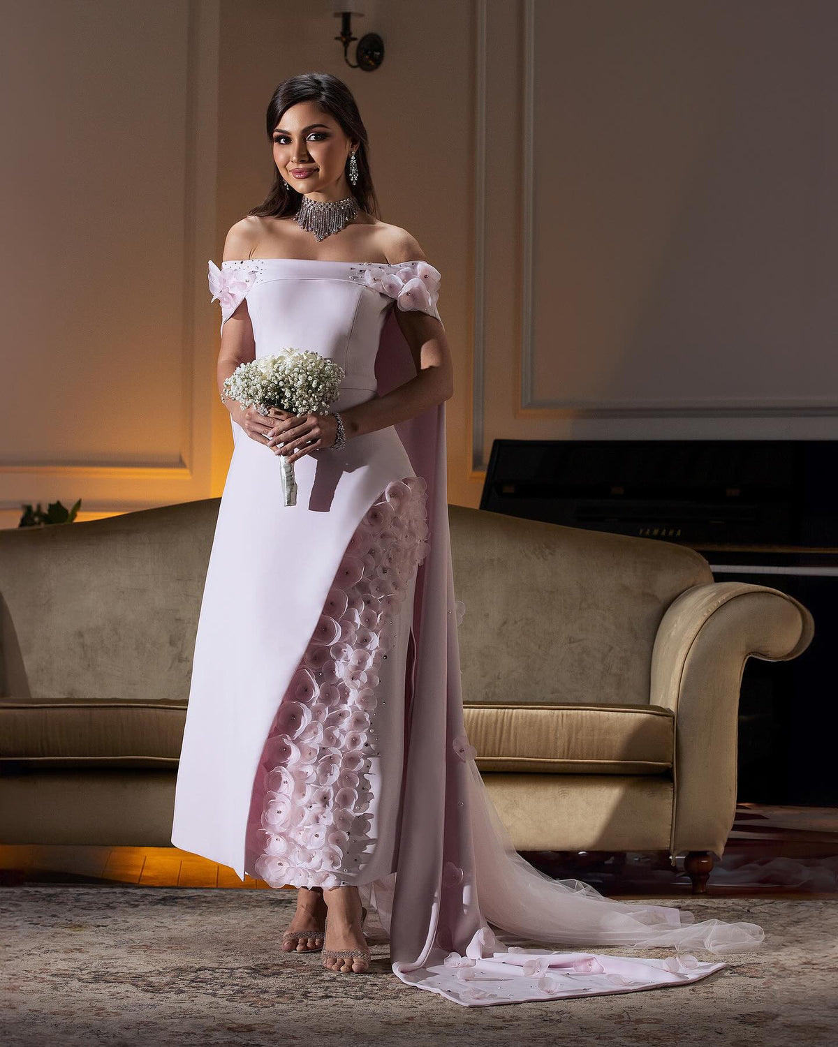 Blush Pink 3D Flowers Arabic Evening Dress with Cape SS281