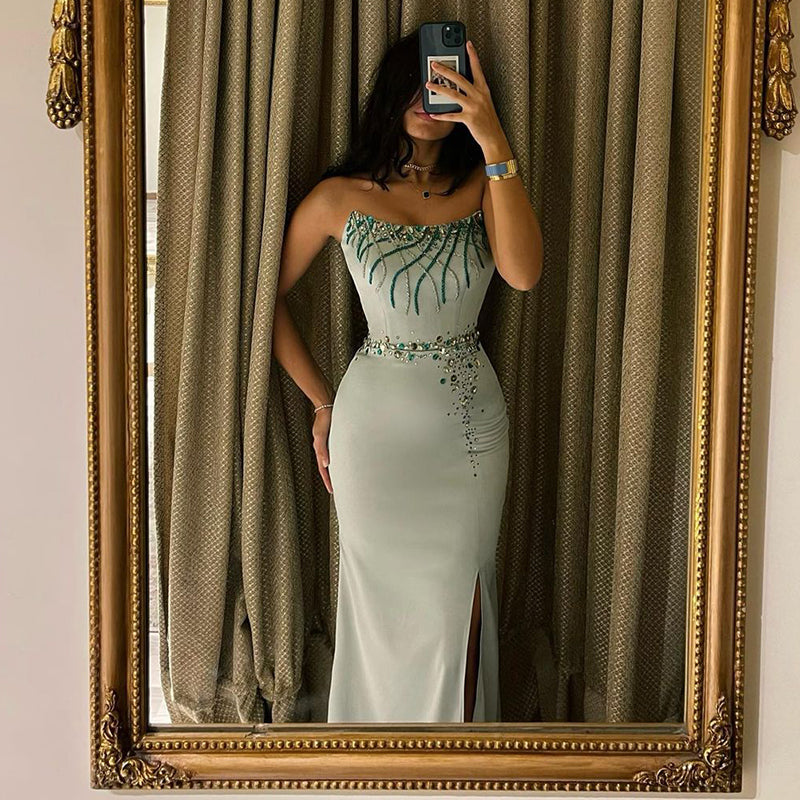 Sharon Said Turquoise Crystal Luxury Dubai Evening Dress for Women Wedding Party Elegant Long Mermaid Formal Prom Dresses SS331